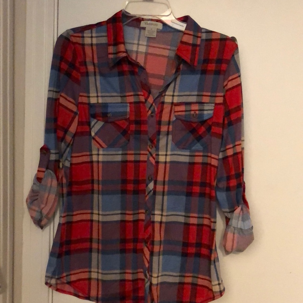 Red and blue plaid button up “flannel”